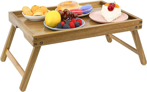 VaeFae Acacia Bed Table Tray, Wooden Breakfast Tray with Folding Legs, Bed Tray for Eating and Laptop, Eating Trays