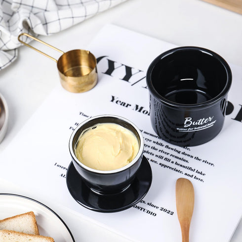 French Butter Dish Butter Crock with Lid and Knife, Keeps Butter Soft and Fresh for 2-5 Weeks, Black