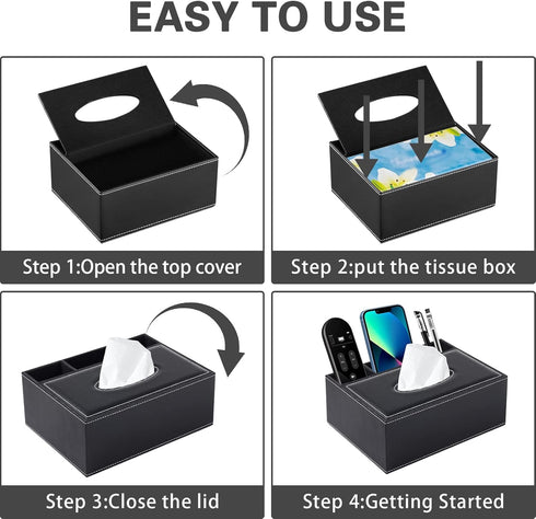 Multifunction PU Leather Tissue Box Cover, Black Rectangular Storage Box for Napkins, Remote Control, Desk Organizer