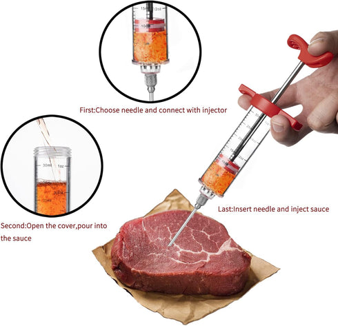 JY COOKMENT Meat Injector Syringe, 1-oz Marinade Flavor Injector with 2 Professional Needles, 1 Cleaning Brush