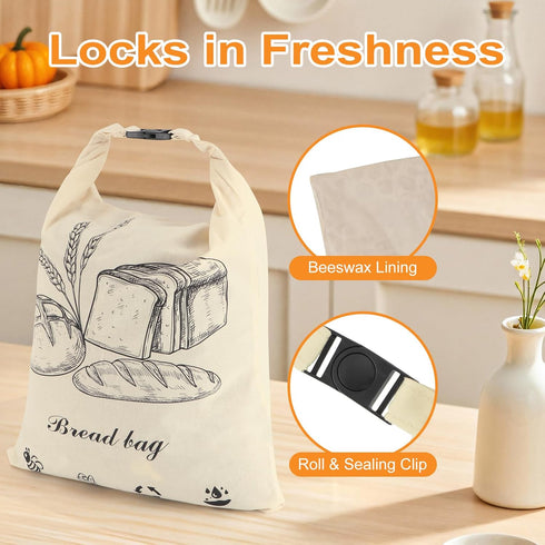 2 PACK Fresh,13''17'', 03 Beeswax Sourdough Bread Bags for Homemade Bread, Reusable Cotton Beeswax Bread Bag Portable