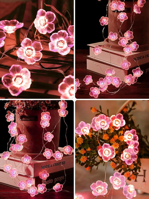8 10ft 30 Cherry Blossom Flower String Lights for Bedroom, Pink Fairy Lights Battery Operated with Remote & Modes