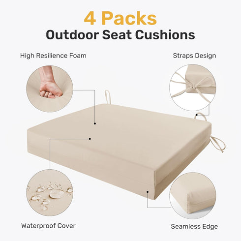 Pack 4, 19"*19"*3", UNIKOME Outdoor Chair Cushions of Water Resistant Patio Cushions with Ties, High Density Sponge