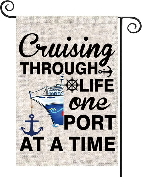 ZJXHPO Garden Flag Cruising Ship, Cruise Life Gift Banner, Cruising Through Life One Port at a Time Summer Decor