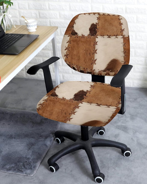 Vintage Leather Office Chair Covers 2 Piece, Abstract Cowhide Plaid Stretch Computer Chair Cover Universal Rotating Desk Chair Covers Washable Chair Seat Cover Back Chair Slipcover Protector by LEOSUCRE