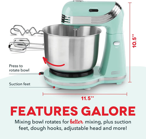 Dash Stand Mixer, 6 Speed Electric Mixer with 3 Quart Stainless Steel Mixing Bowl, Dough Hooks, Aqua
