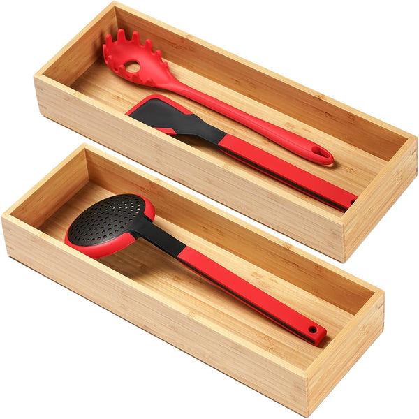 Umilife Bamboo Kitchen Utensils Organizer, Extra Long Flatware Cutlery Storage Box, Multi-Use Drawer Divider (Set of 2)