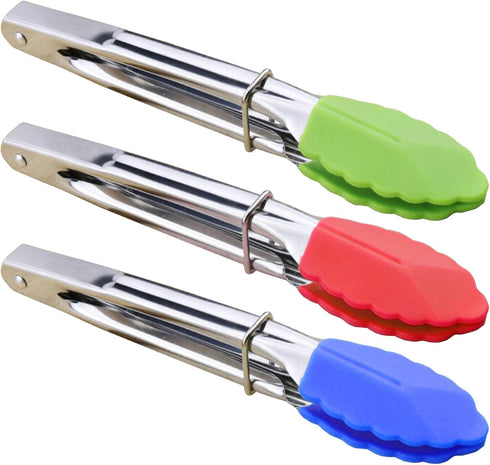 Set of 3 Mini Tongs 7-Inch Serving Tongs with Silicone Tips (Green Red Blue)