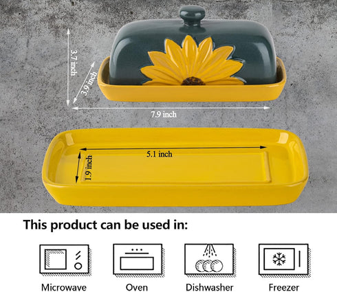 Butter Dish with Lid, Ceramic Sunflower Butter Keeper for Countertop, Large Covered Butter Tray, Farmhouse Butter Dish