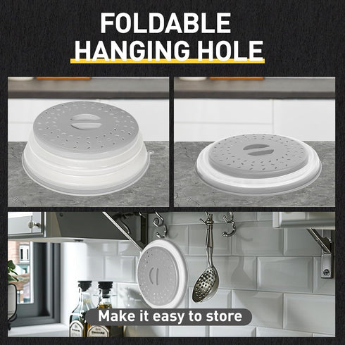 Collapsible Microwave Splatter Cover, Vented Lid with Hook Hole, BPA-Free Kitchen Gadget for Plates