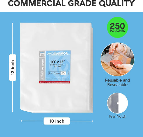 Avid Armor Chamber Vacuum Sealer Bags, Heavy Duty BPA-Free Pre-Cut Bags for Food Preservation, 250/Pack (10x13)