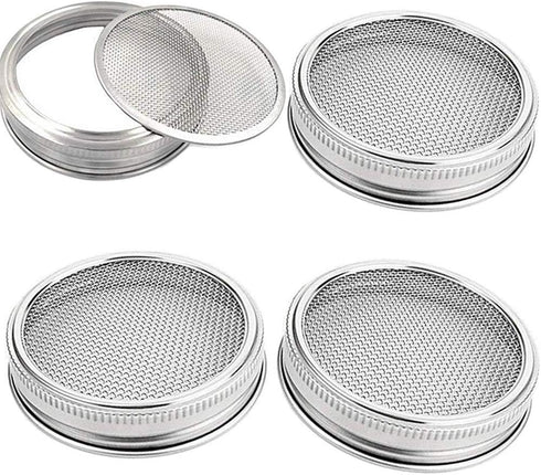 Sprouting Lids WIDE MOUTH, 316 Stainless Steel Mesh Lid Kit for Mason Jars, 4 Pack Sprouting Strainer Lids