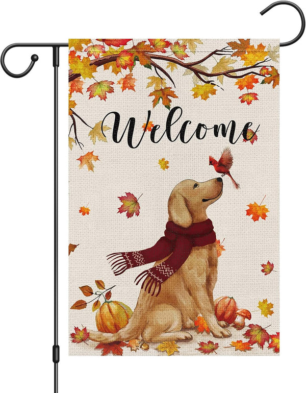 Welcome Fall Garden Flag 12 x 18 Inch Double Sided Burlap Golden Retriever Dog Cardinal Yard Flags Thanksgiving