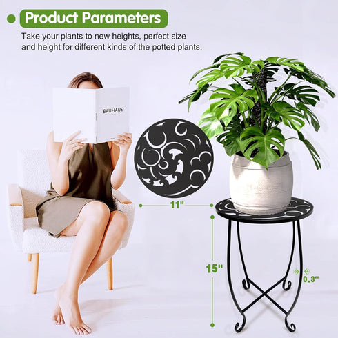 Kaesithar 15 Inch Tall Metal Plant Stand Indoor Outdoor, Round Side Table with Swirl Pattern, Rust Resistant Iron