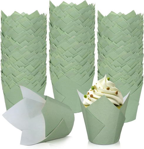 Whaline 200Pcs Sage Green Tulip Cupcake Liners, Baking Cup for Bridal Baby Shower Party Decor