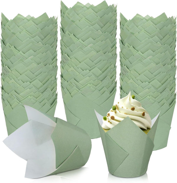 Whaline 200Pcs Sage Green Tulip Cupcake Liners, Baking Cup for Bridal Baby Shower Party Decor
