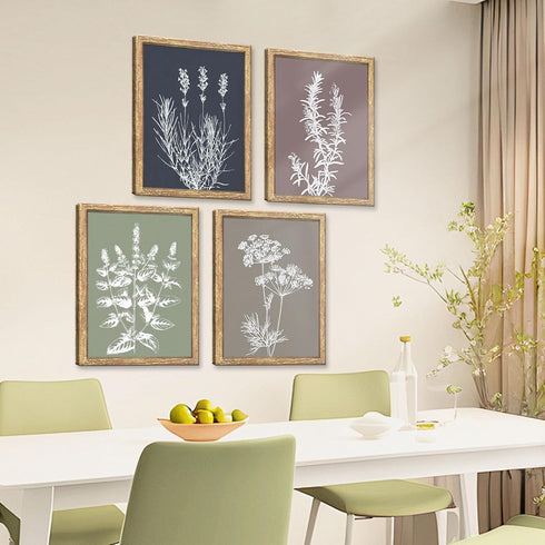 Set 4 (11x14 GUMEYJIA Boho Wall Art of Framed Herb Prints Botanical White Floral Sketches with Gray and Sage Green