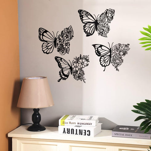 Pelopy 4 Pcs Butterfly Metal Wall Decor, Boho Iron Hanging Wall Art, Flower Wall Art for Bedroom Living Room, Black