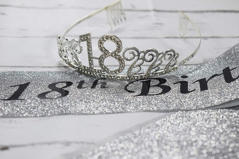18th Silver Birthday Tiara and Sash - Glitter Satin Sash and Crystal Rhinestone Tiara Crown for Party Supplies