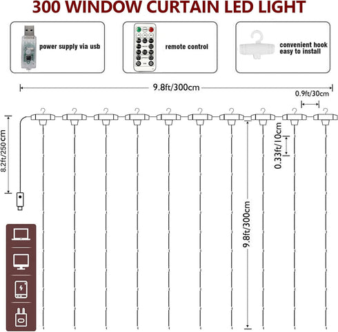 HOME LIGHTING Window Curtain String Lights, 300 LED Fairy Copper Light with Remote, USB Powered Waterproof for