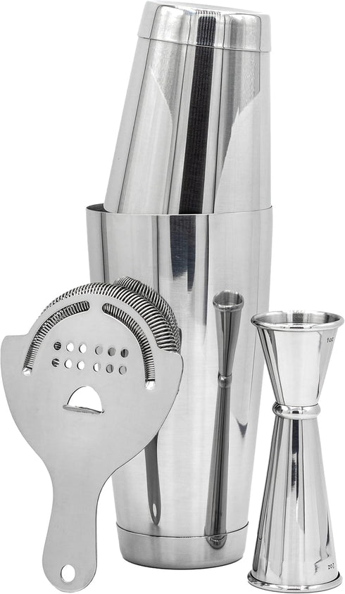 Professional Bartending Kit: Weighted Boston Shaker Tins, Hawthorne Strainer, and Japanese Jigger Cocktail Shaker Set