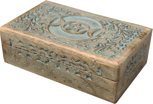 DharmaObjects Large Triple Moon Hand Carved Jewelry Trinket Keepsake Wooden Storage Box, Turquoise