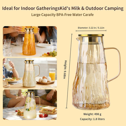 FANKAQI 1.8L Amber Glass Pitcher with Lid Bark Texture Design, Borosilicate Heat & Cold Resistant Glass Water Pitcher