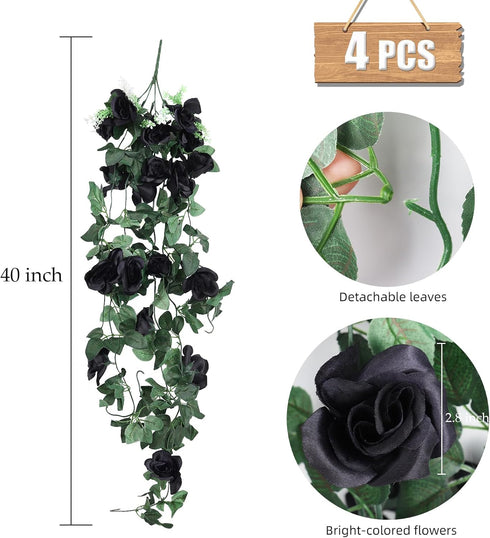 RECUTMS 4 Pieces Artificial Hanging Rose Flower 3.3Ft with 30 LED Fairy String Lights for Indoor Outdoor Wedding (Black)