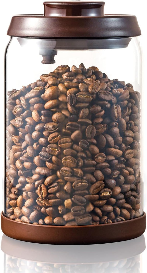 Glass Coffee Jar for Coffee Bar, 900 ml Pop Top Airtight Container with CO2 Valve, 30 Oz Coffee Storage Canister, Brown