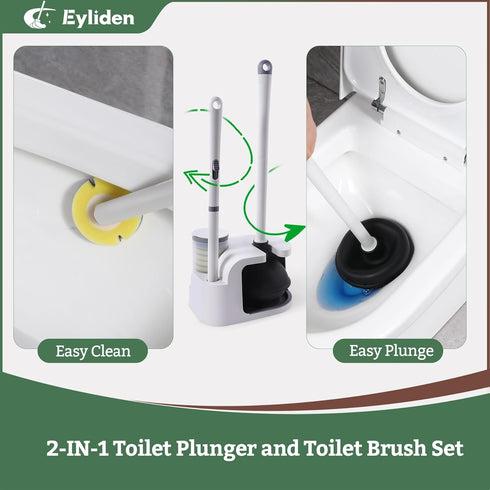 Eyliden Toilet Bowl Wand Kit and Plunger Combo - 10pcs Refills, Disposable Toilet Brush and Plunger with Holder Set,