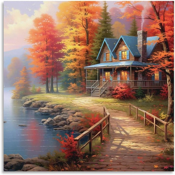 DuduYH Vintage Wildflower Field Wall Art Cottage Landscape Poster Retro Painting Living Room Decor (03-lakeside resort