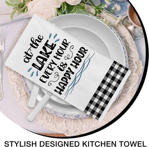 Seliem Live Love Lake House Kitchen Dish Towel Set of 2 - Black White Buffalo Plaid Check Anchor Paddle Hand Drying
