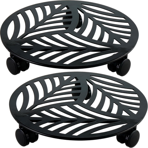 2 Packs 12" Large Metal Plant Caddy with PU Wheels Heavy-Duty Wrought Iron Rolling Plant Stands Indoor Outdoor Wheeled