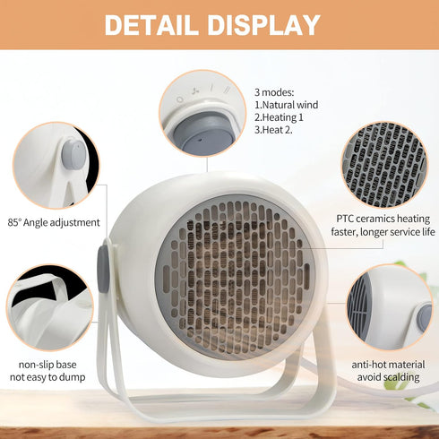 Portable Small Space Heater, Fast Heating Ceramic 1000W Mini Heater with Fan Modes for Indoor Use, White