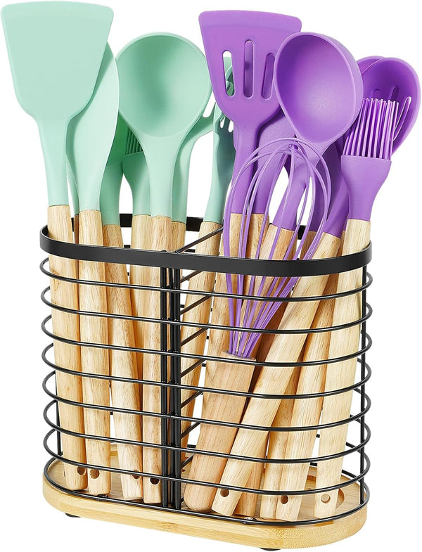 Large Utensil Holder for Kitchen Counter, 8.7" x 4.3" x 6.9", Wooden Base Matte Black Cooking Utensil Caddy