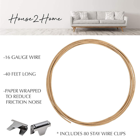 House2Home Upholstery Stay Wire for Sofa Furniture Springs, 40ft with 80 Clips, 16 Gauge Paper Wrapped Wire