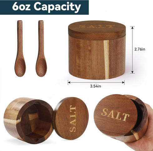 Countertop Timtopno Salt Cellar, Acacia Wood Salt Container with Built-in Spoon & Swivel Lid, Engraved SALT Box, Salt