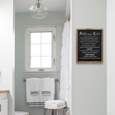 Rustic Bathroom Rules Sign – Funny Farmhouse Toilet Wall Decor – Wood Framed Wall Art Decorations (11.8x15.8in) (black)