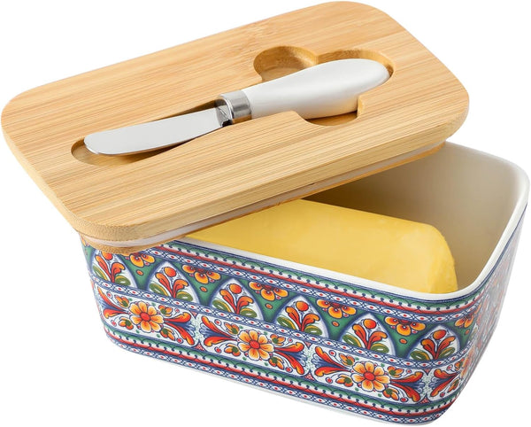 Butter Dish with Lid for Countertop, Hasense Large Ceramic Bohemian Butter Container