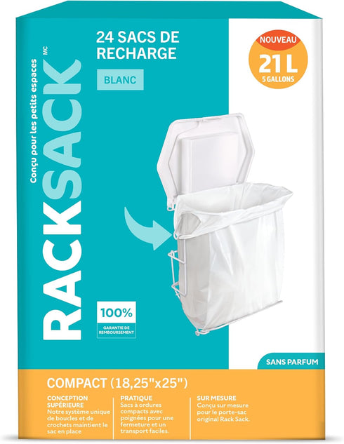 Rack Sack Garbage Bags Kitchen Compact Refill Bags 5-Gallon White 24 Counts