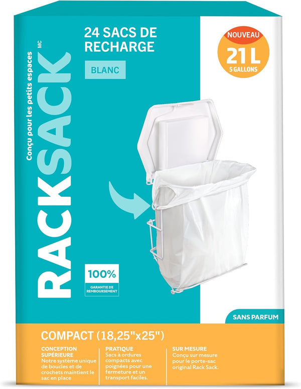 Rack Sack Garbage Bags Kitchen Compact Refill Bags 5-Gallon White 24 Counts