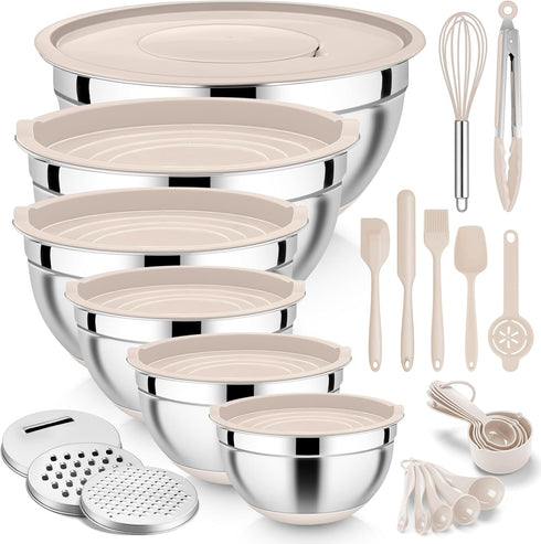 E-far 25PCS Mixing Bowls with Lid Set, Stainless Steel Nesting Prep Bowls with Grater Attachments for Cooking, Food
