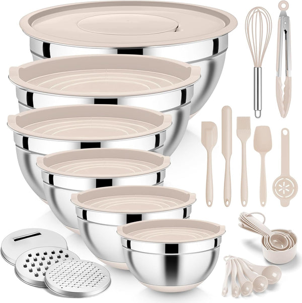 E-far 25PCS Mixing Bowls with Lid Set, Stainless Steel Nesting Prep Bowls with Grater Attachments for Cooking, Food