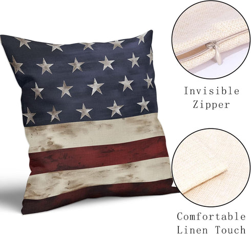 Independence Day American Flag Throw Pillow Covers, Set of 2, 18X18 Inches, Patriotic Stripes for Home Decor
