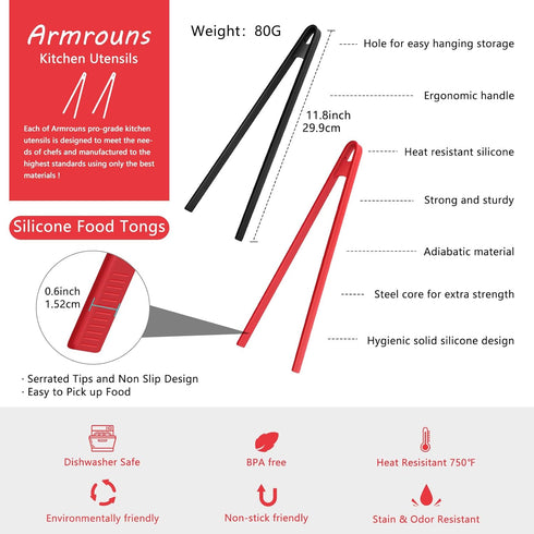 2PCS Silicone Trivet Tongs Anti-slip, 11.8" Silicone Kitchen Tong, Toast Tongs for Cooking, Long BBQ Grilling Tongs for Toaster, Pan Fried Steak, Barbecue and Salad. by Armrouns