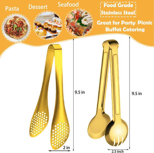 4 PCS Serving Tongs 9 Inch Buffet Tongs Stainless Steel Serving Utensils for Salad Buffet Appetizer Dessert Food Parties, Gold by IAXSEE
