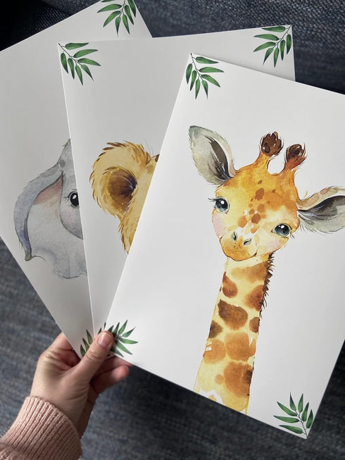 Set 3 (8x10) Baby Safari Animals for Girl or Boy Nursery Bedroom, of Unframed Wall Art Prints, Jungle Leaves Posters