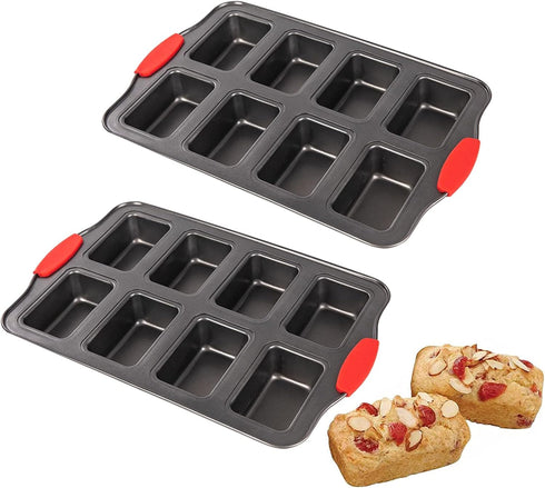 PLAZOTTA 2 Packs Mini Loaf Pan with Silicone Handle, 8 Cavity Non-Stick Baking Pan for Mini Bread, Brownies, Cheesecake