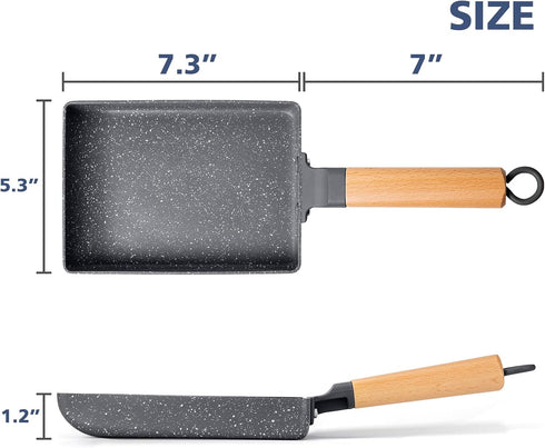 Tamagoyaki Pan, Square Japanese Omelette Pan, Non-Stick Egg Roll Pan with Wood Handle & Silicone Brush