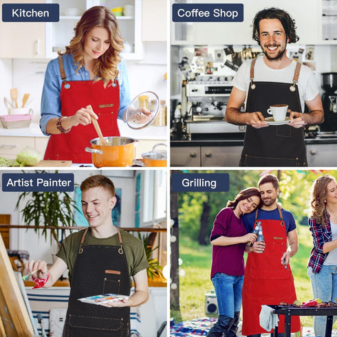 Chef Apron for Men and Women with Gift Box, Cross Back Apron with Pockets for Cooking, Baking, Cotton Canvas Work Apron